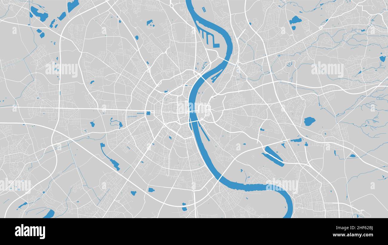 Vektorgrafik Flusskarte. Rhein Flusskarte, Köln Stadt, Deutschland. Wasserlauf, Wasserfluss, blau auf grauem Hintergrund Straßenkarte. Detailreiche Silhouette. Stock Vektor