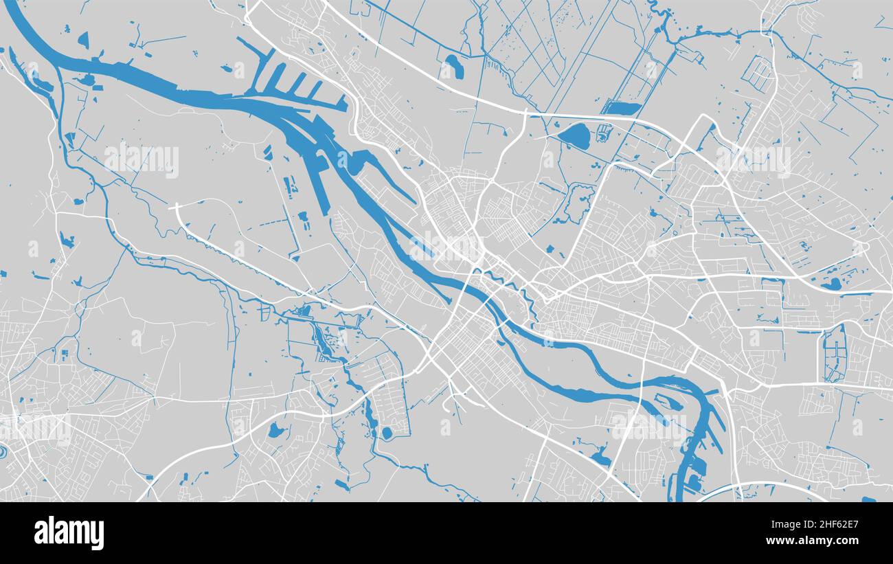 Vektorgrafik Flusskarte. Weser-Flusskarte, Bremen, Deutschland. Wasserlauf, Wasserfluss, blau auf grauem Hintergrund Straßenkarte. Detailreiche Silhouette. Stock Vektor