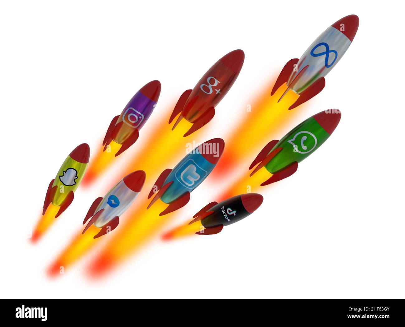 Social-Media-Business-Marketing-Raketen fliegen Aufnahme in den Markthimmel starten - 3D Rendering Stockfoto