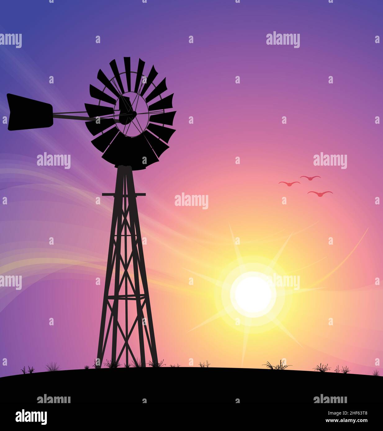 australian Wasserpumpe Windpumpe Metall Windmühle Silhouette vor Sonnenuntergang Hintergrund Vektor-Illustration Stock Vektor