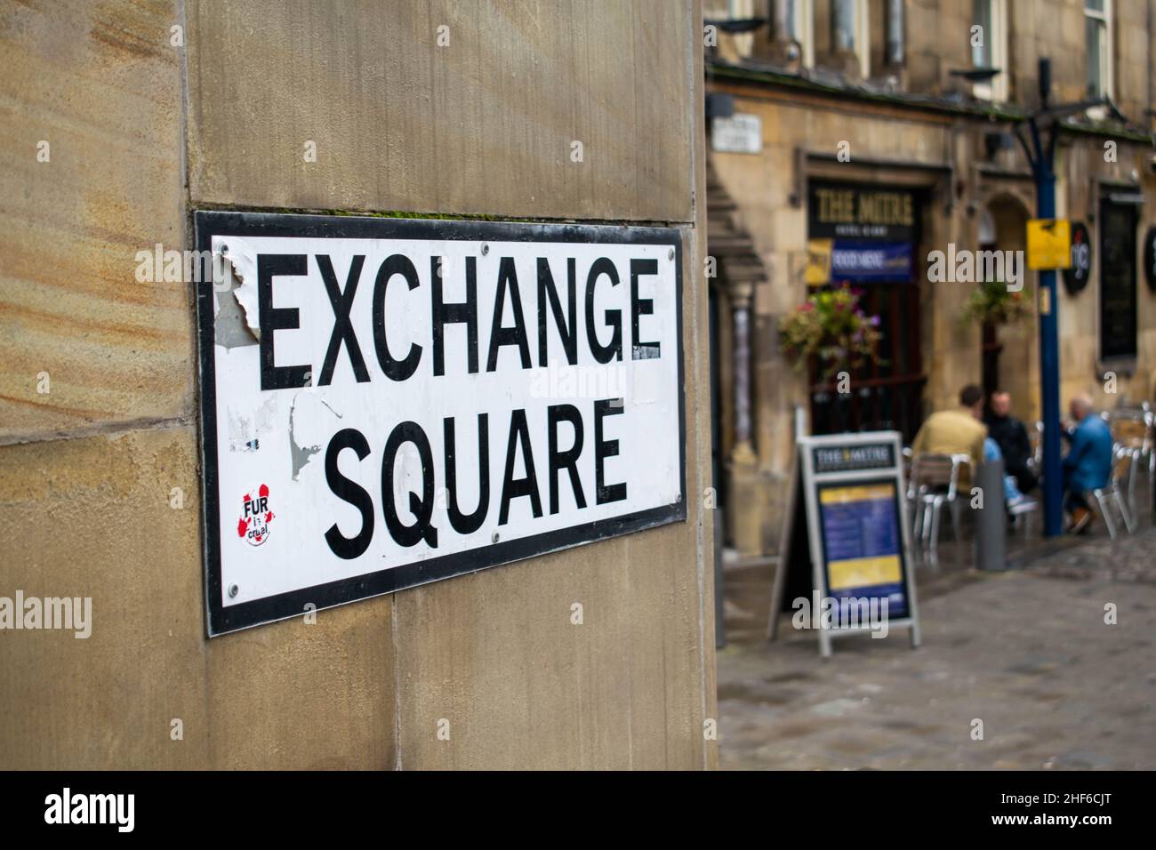 Manchester, Großbritannien - 22nd. September 2019: Exchange Square, ein Bürgerplatz, der nach dem Bombenanschlag der IRA 1996 geschaffen wurde. Der Wiederaufbau beinhaltete die strukturelle Umlokierung Stockfoto