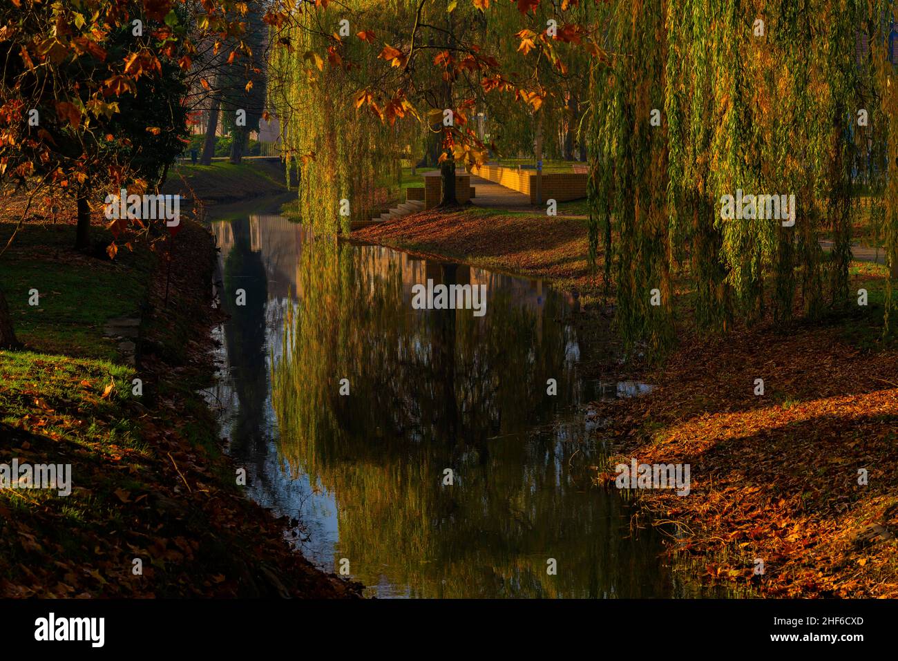 Kleiner, enger Fluss im Herbst, Wasserspiegelung und wunderschöne Herbstfarben Stockfoto