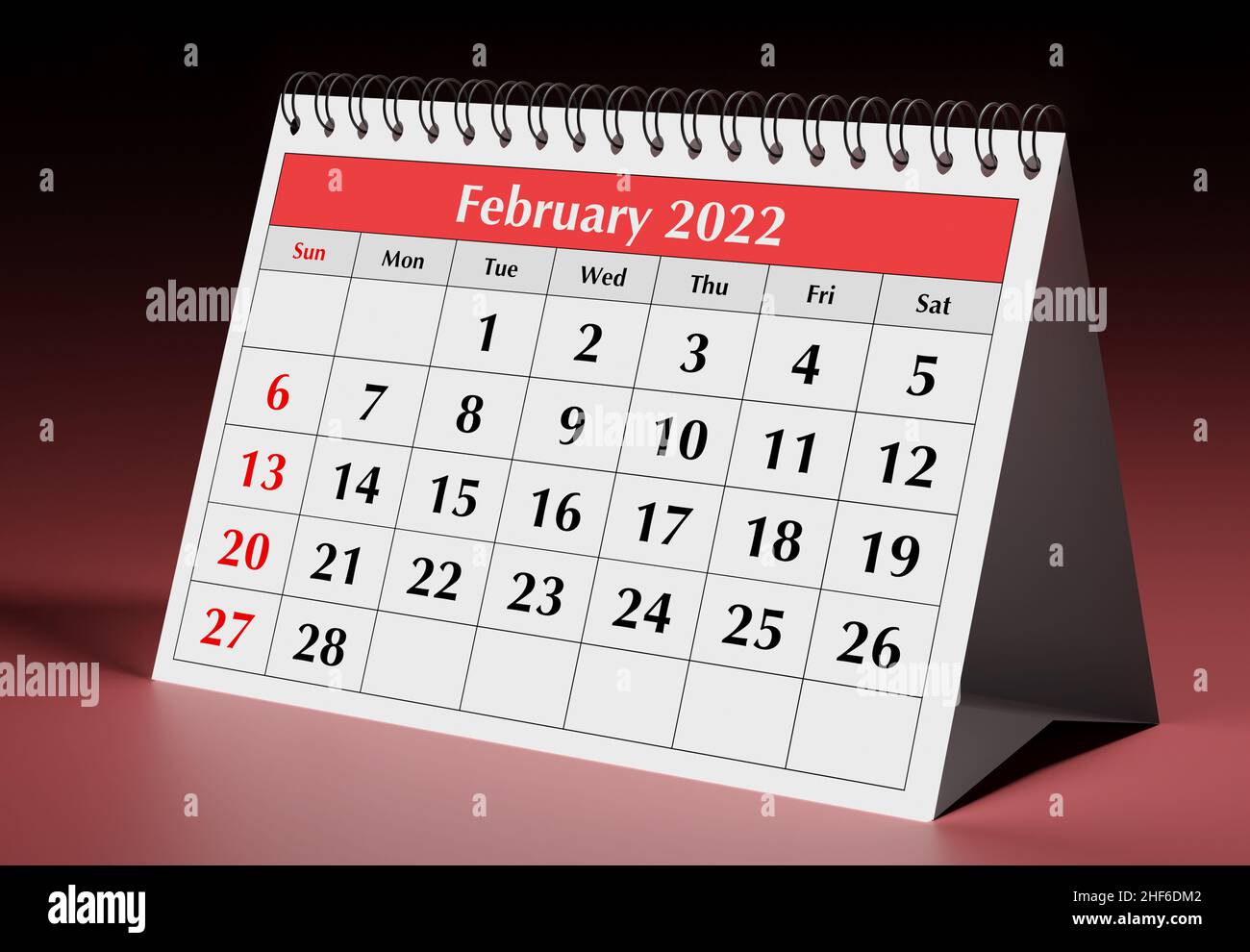 Eine Seite des monatlichen Jahreskalenders. Datum - Monat Februar 2022. 3D Rendern Stockfoto