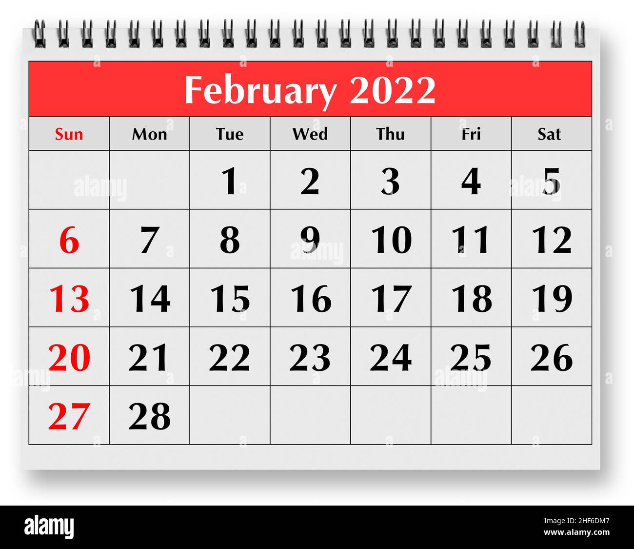 Eine Seite des jährlichen Monatskalenders - Februar 2022 Stockfoto