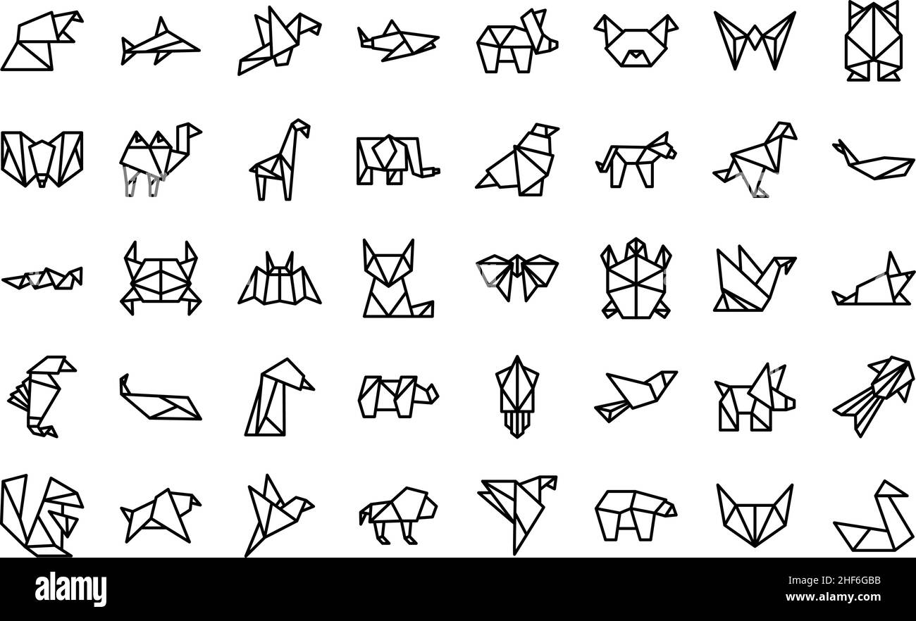 Origami Tiere Symbole setzen Umriss Vektor. Papierfisch. Polygonkrabbe Stock Vektor
