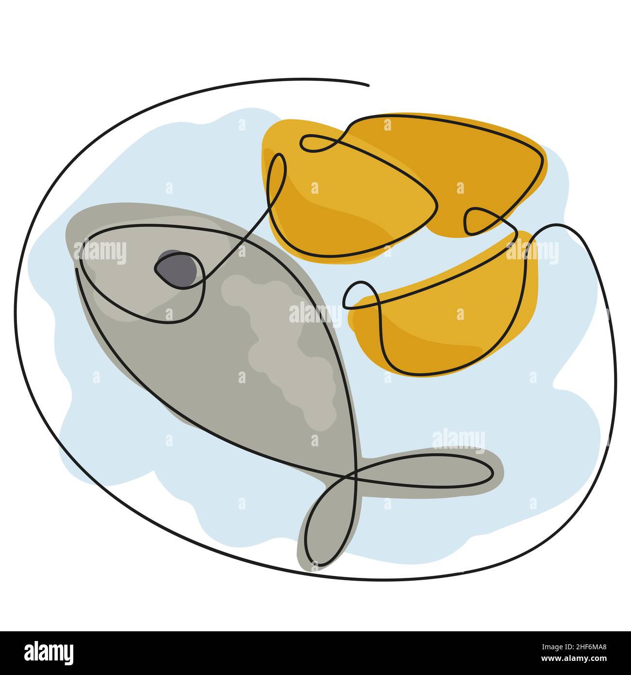 Fisch und Chips auf einem Teller auf weißem Hintergrund. Fortlaufende Linie Doodle Illustration. Farbenfrohe Skizze. Stock Vektor