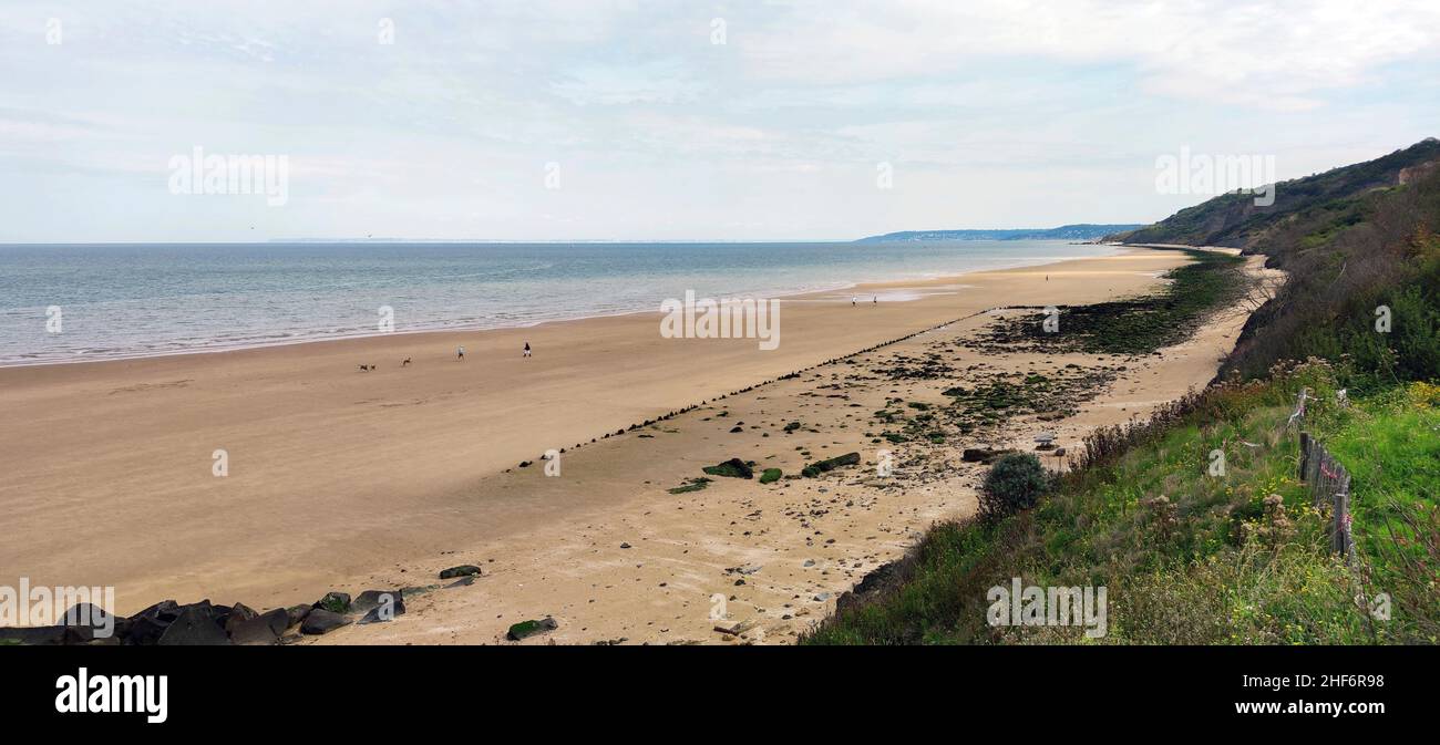 Blick über den Strand und die Falaises des Vaches Noires von Houlgate, Normandie, Frankreich Stockfoto