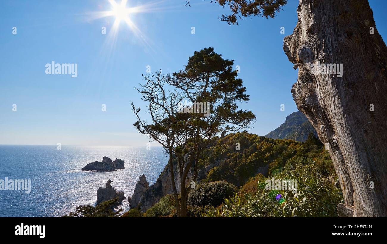 Griechenland, griechische Inseln, Ionische Inseln, Korfu, Nordwest, Paleokastritsa, Blick vom Kloster auf das Meer und eine vorgelagerte Insel, Rücklicht, sternförmige Sonne, Bäume im Vordergrund, Glitzer auf dem Wasser, großer Baumstamm rechts im Bild Stockfoto