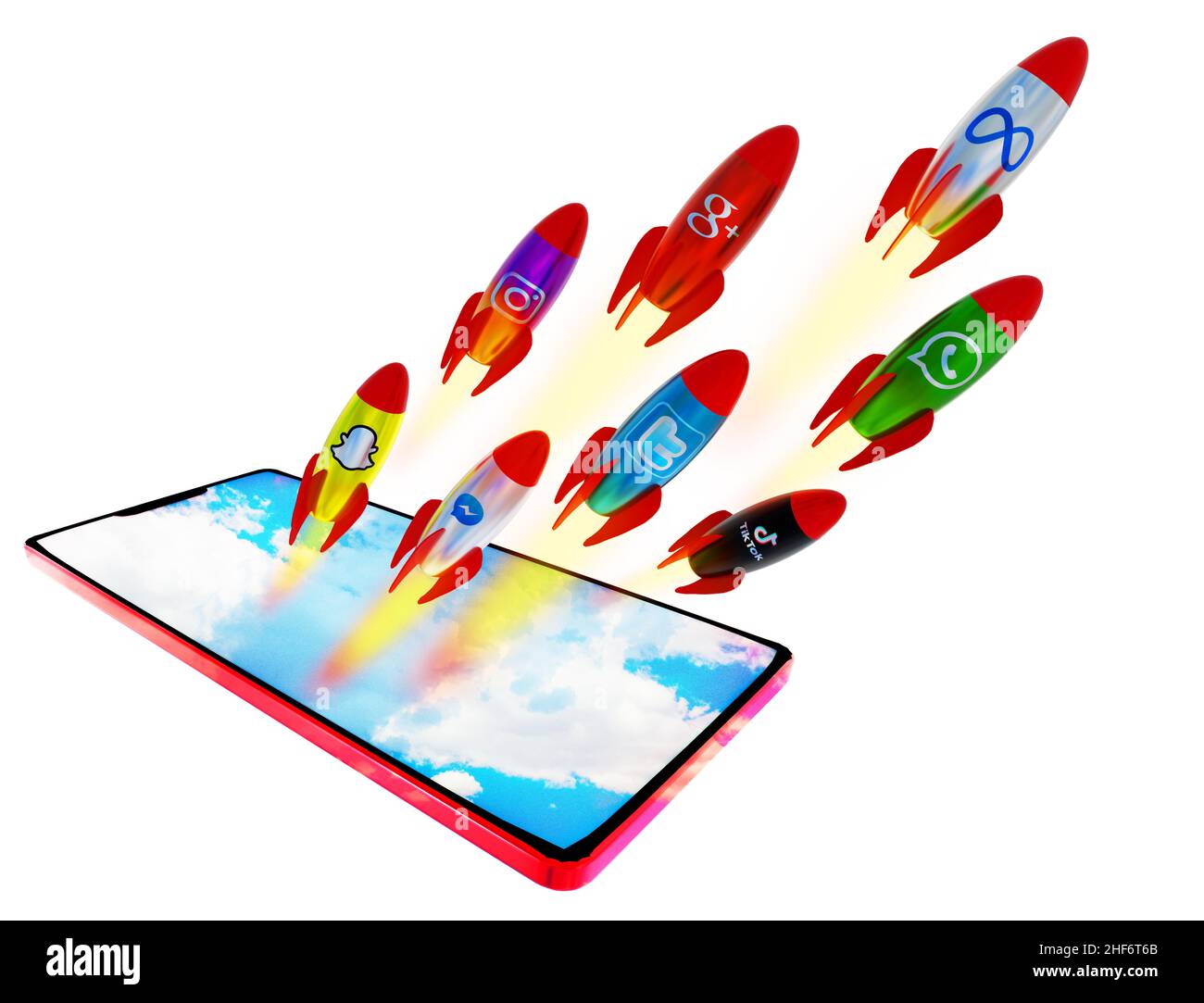 Social Media Handy business Marketing-Raketen fliegen Aufnahme in den Markthimmel starten - 3D Rendering Stockfoto