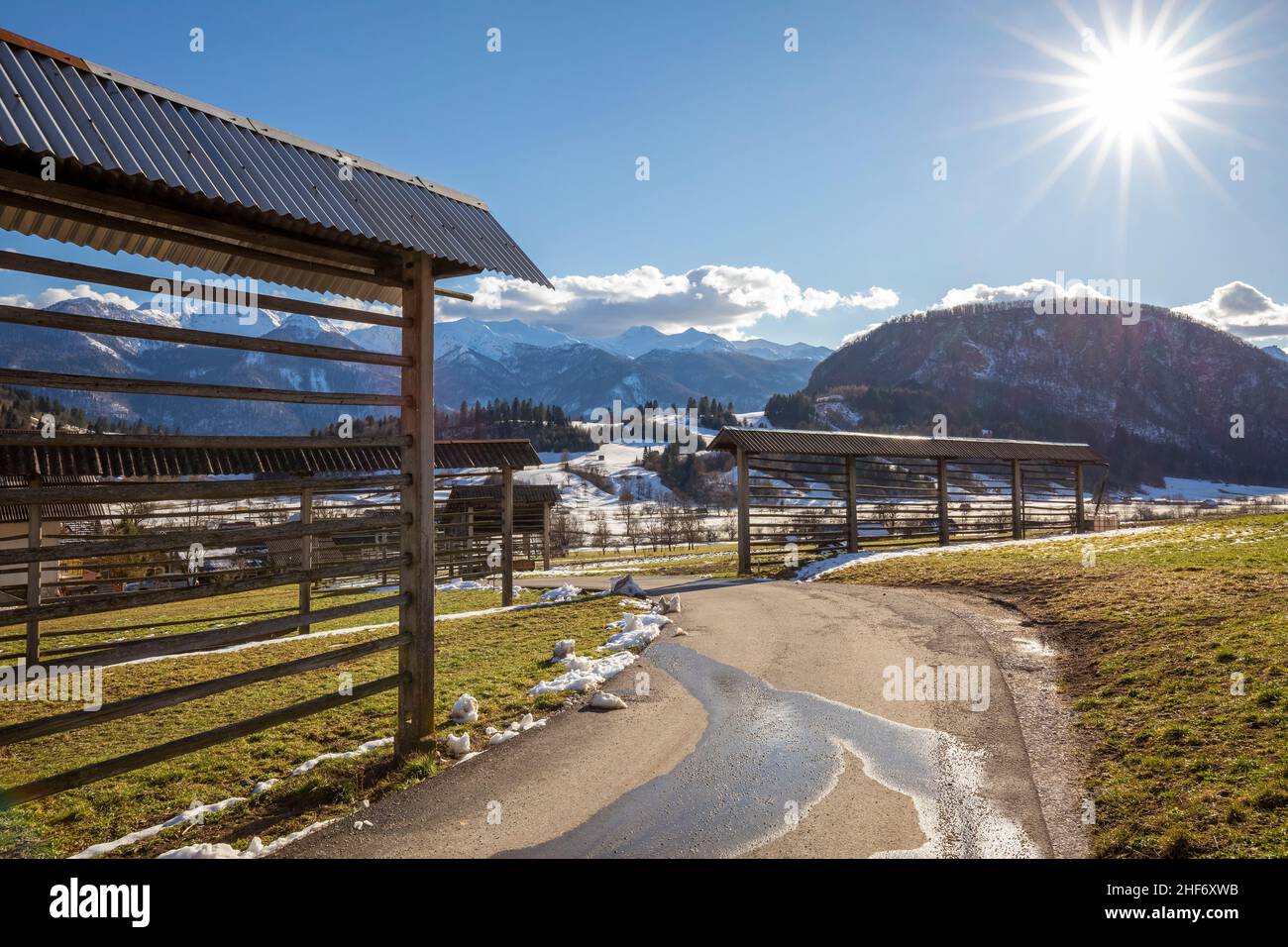 Europa, Slowenien, Oberkrain, Bohinjska Bistrica, Bohinj, Heuhaufen um Heu, Futter und Mais zu trocknen, heißt der slowenische Name Kozolec, Kazuc oder Stog Stockfoto