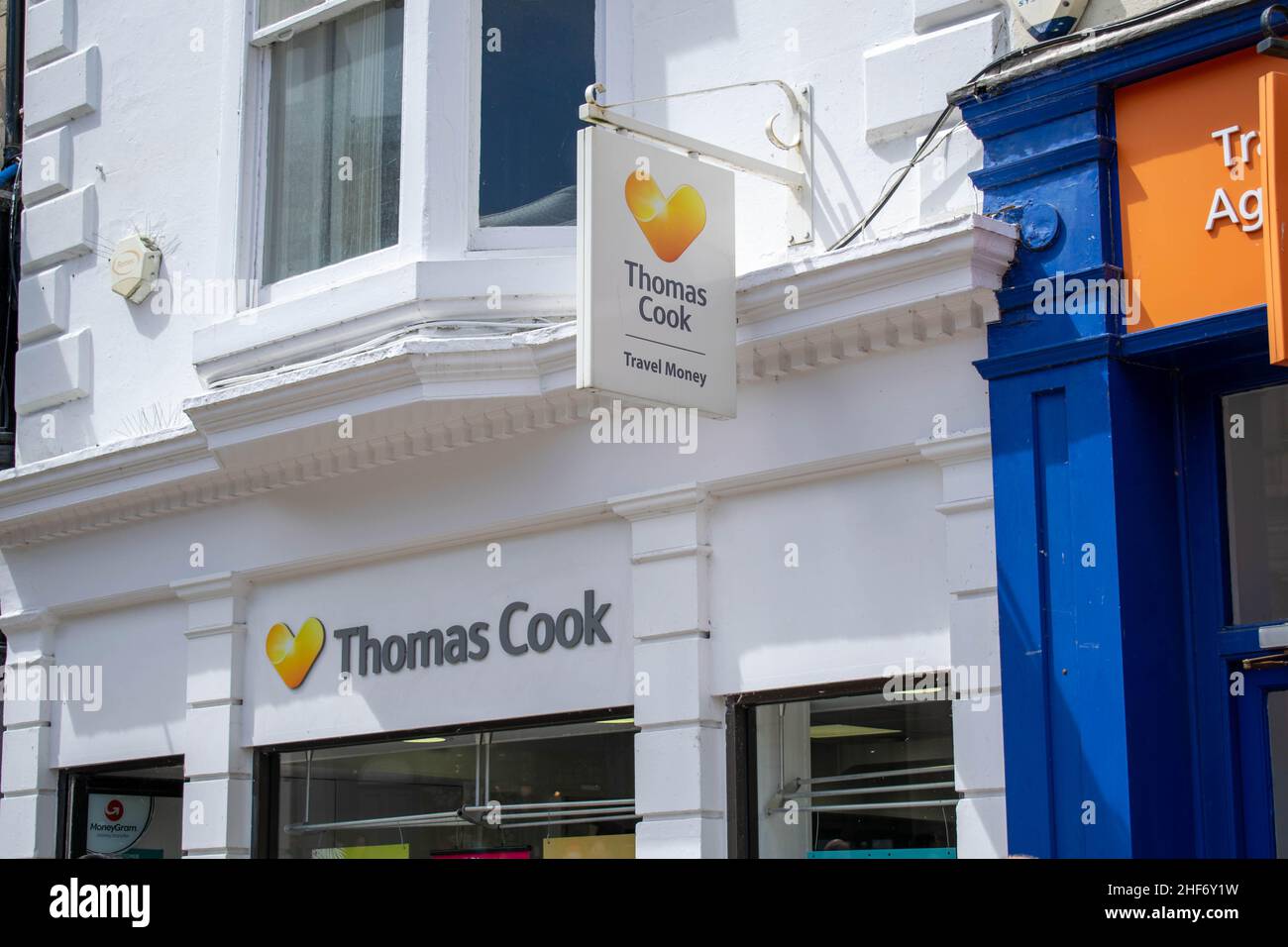 Durham, Großbritannien – 14th. Juli 2019: Thomas Cook Group plc ist ein britisches globales Reiseunternehmen, das Urlaub und Fremdwährungen verkauft. Außenansicht des Ladens in Durha Stockfoto
