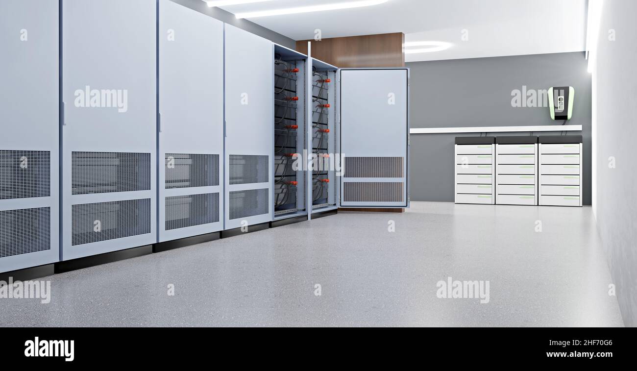 Ein moderner Batteriespeicher für kleine Unternehmen, Abbildung 3D Stockfoto