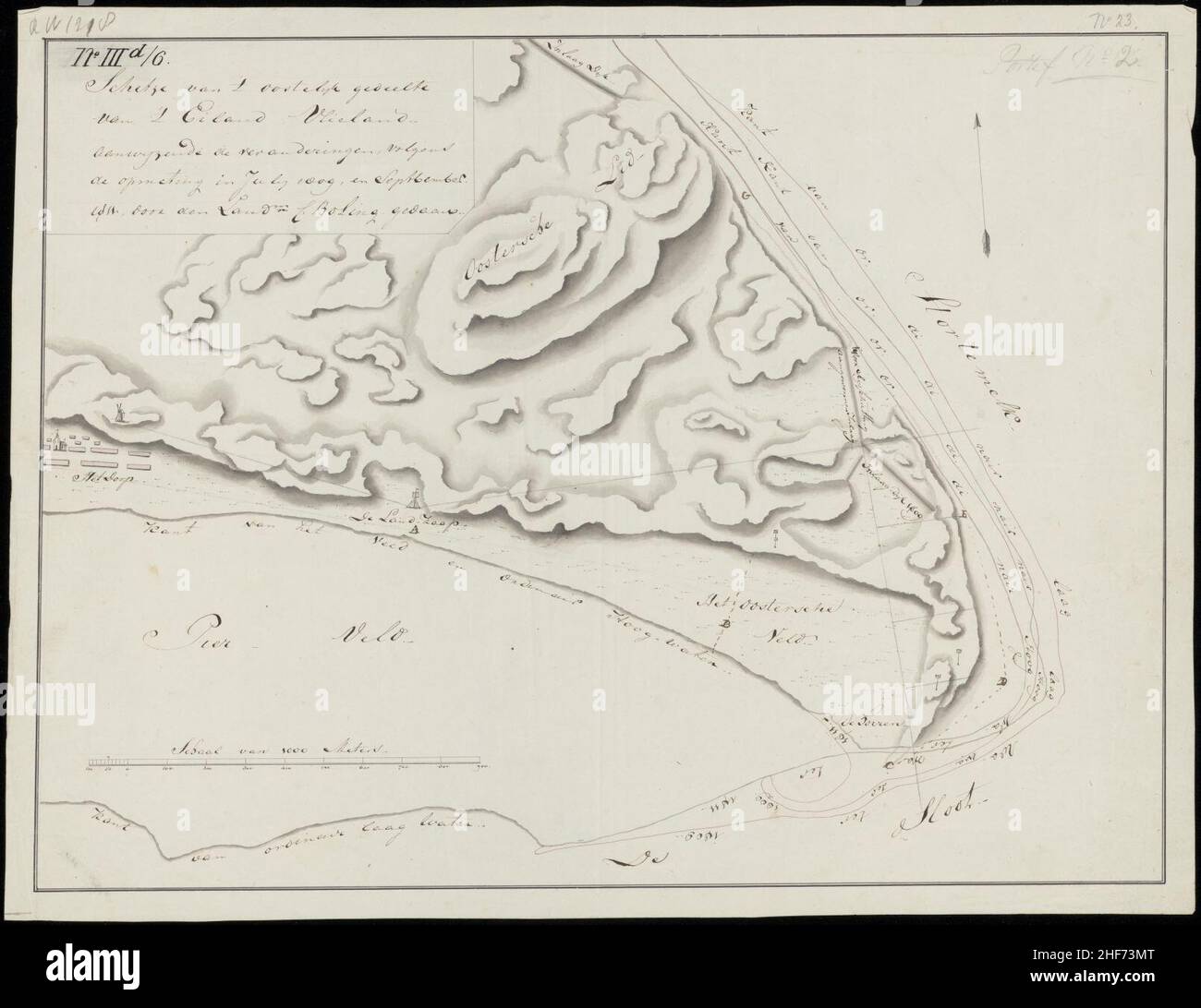 Schetze van 't oostelijk gedeelte van 't eiland Vlieland aanwijzende de veranderingen volgens de opmeting in July 1809 en Sept. 1811 1 kaart handschriftC. Boling, Stockfoto
