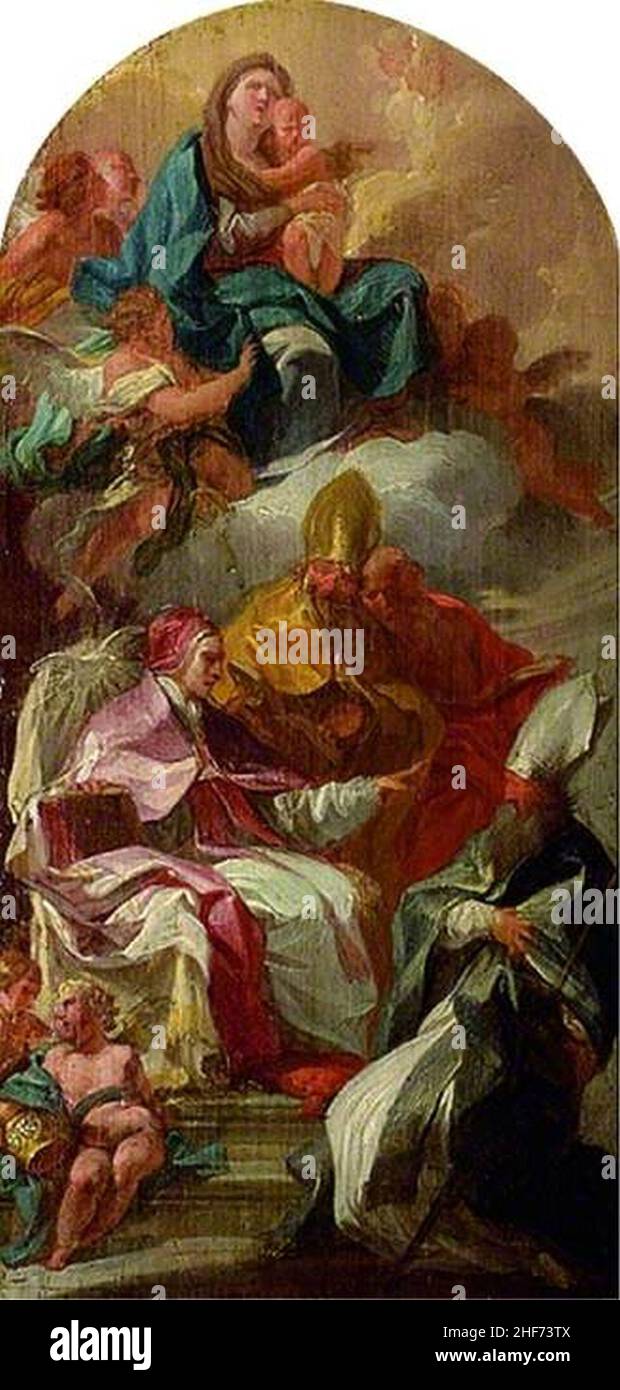 Sebastiano Conca (1680-1764) (zugeschrieben) - die Jungfrau und das Kind in Herrlichkeit und die vier lateinischen Väter der Kirche Stockfoto