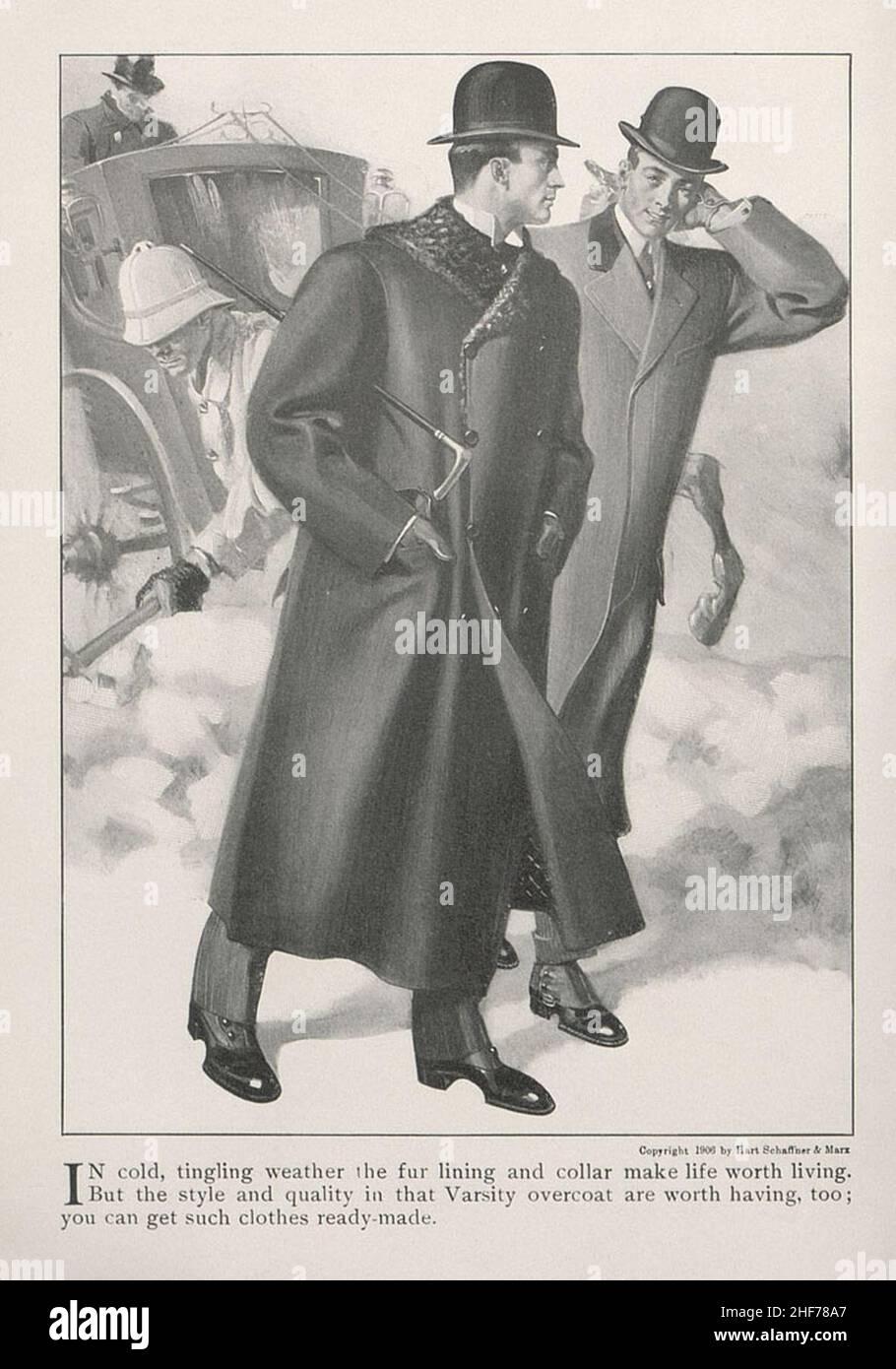 Har Schaffner & Marx, Macher feiner Herrenbekleidung, Chicago, Boston, New York Herbst, Winter 1906, Mantel mit Pelzkragen. Stockfoto