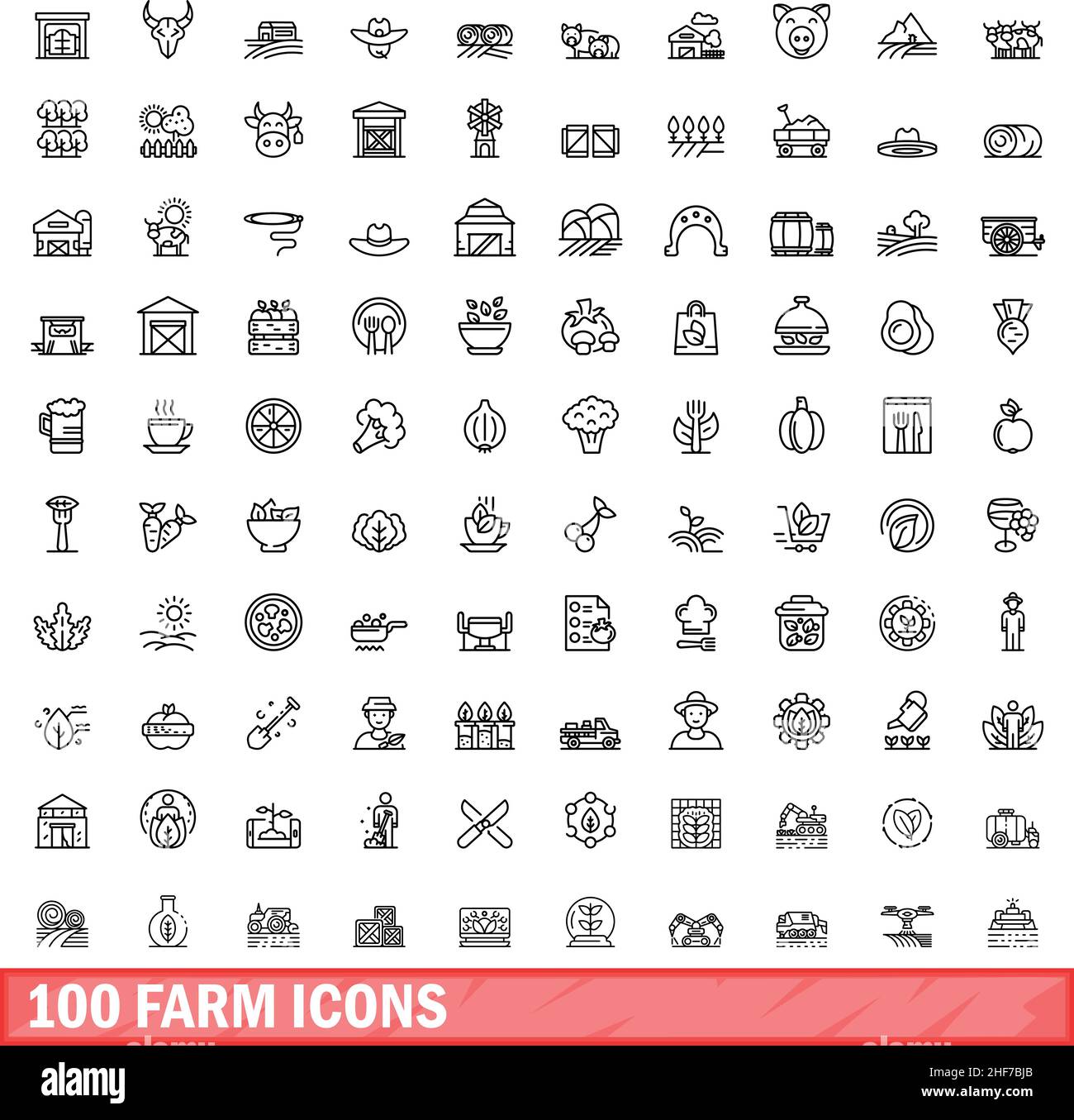 100 Farmsymbole eingestellt. Skizzieren Sie die Darstellung von 100 Farmsymbolen, die auf weißem Hintergrund isoliert sind Stock Vektor