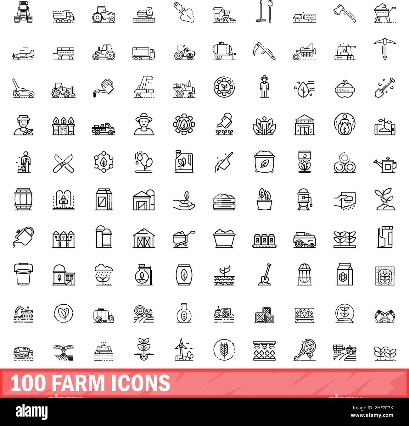 100 Farmsymbole eingestellt. Skizzieren Sie die Darstellung von 100 Farmsymbolen, die auf weißem Hintergrund isoliert sind Stock Vektor