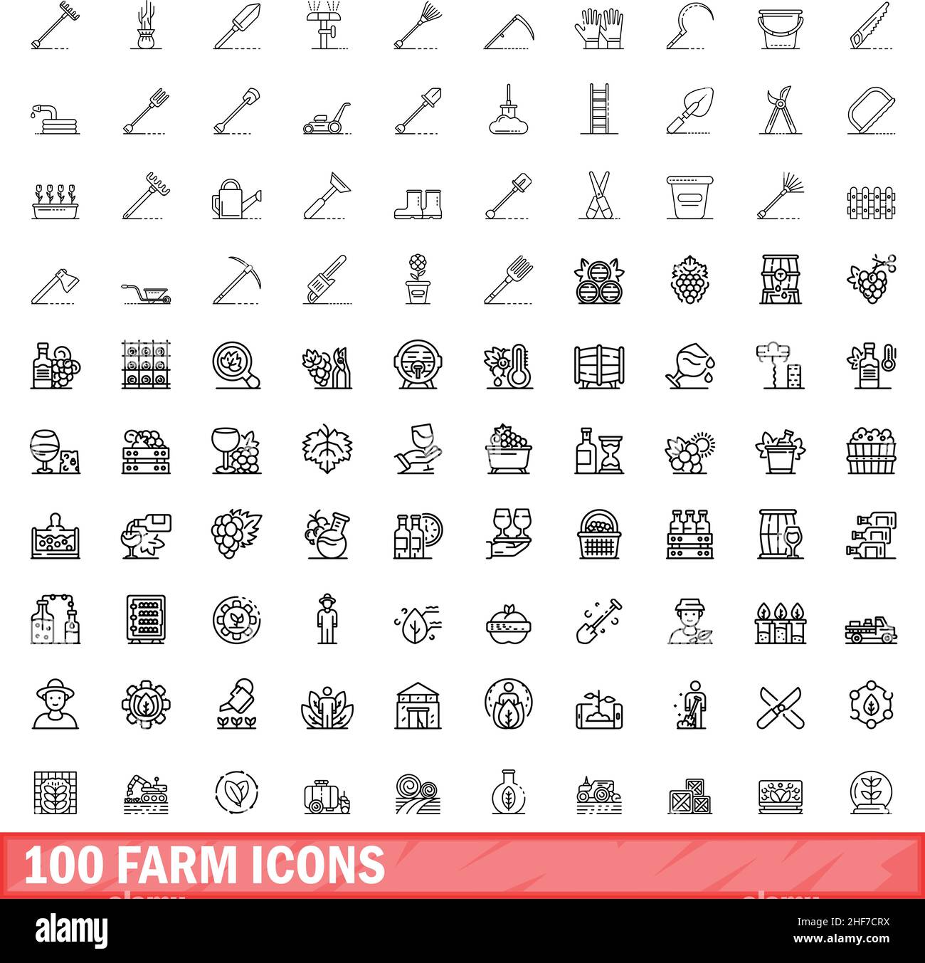 100 Farmsymbole eingestellt. Skizzieren Sie die Darstellung von 100 Farmsymbolen, die auf weißem Hintergrund isoliert sind Stock Vektor