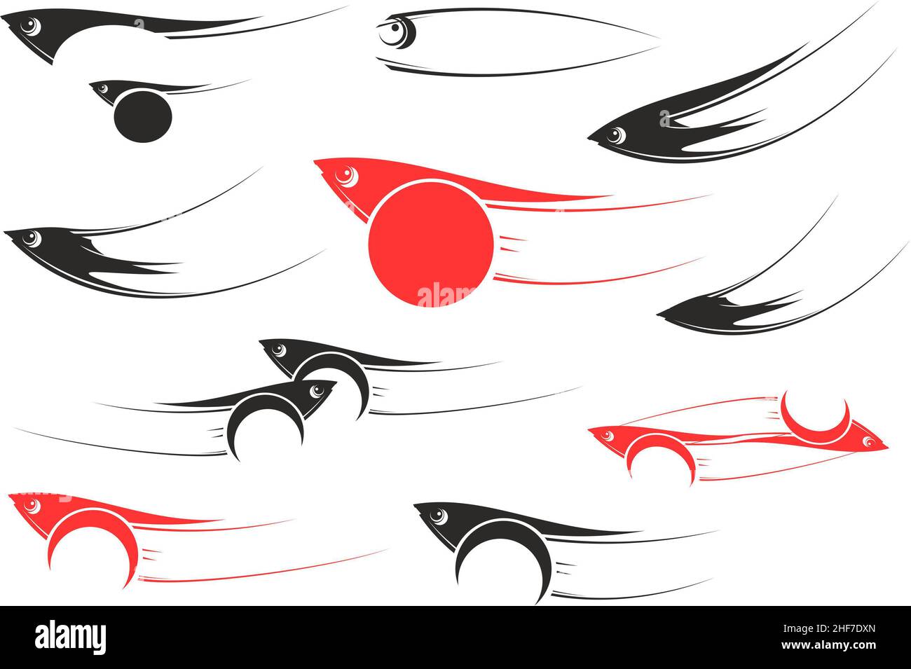 Schwarz-rot-weiße Fischsymbole für Ihre kreativen Ideen. Fischsymbole oder Rahmen für Geschäftskonzepte, Web-Icons, Drucke, Logos, Stickereien, Textilien usw. Stockfoto