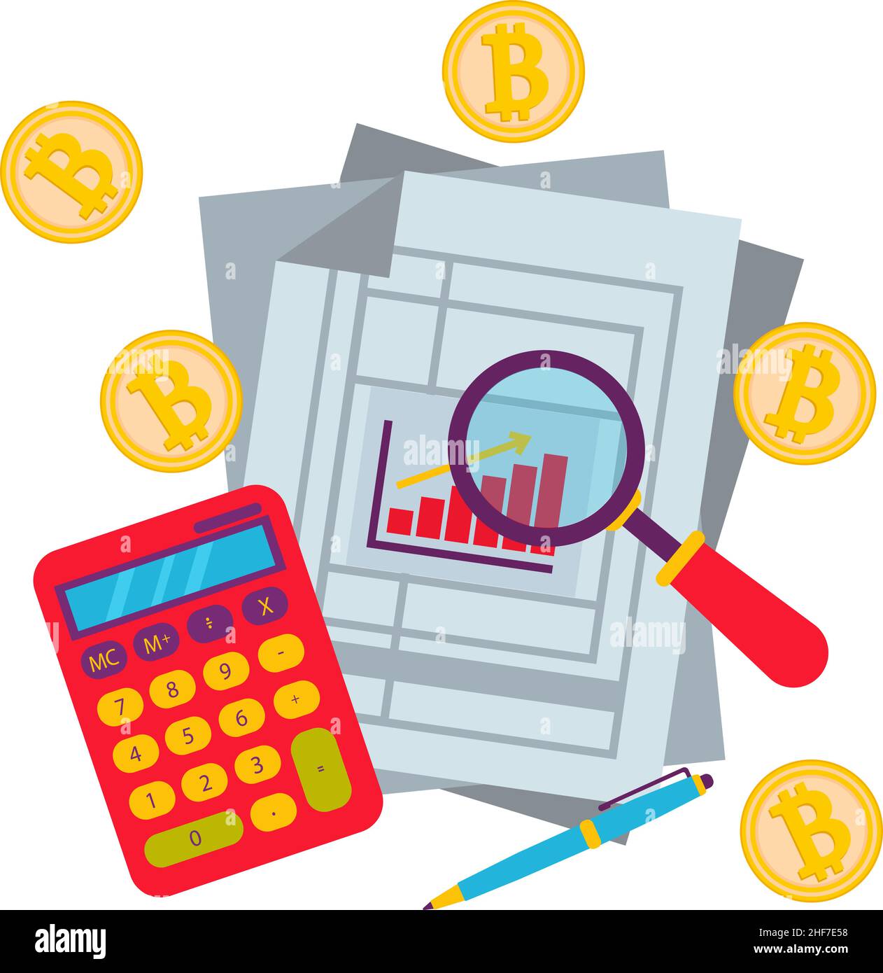 Bitcoin-Kryptowährung ist ein digitales Geldgeschäft mit Goldmünzen-Abzeichen. Taschenrechner, Dokumente, Lupe. Stock Vektor