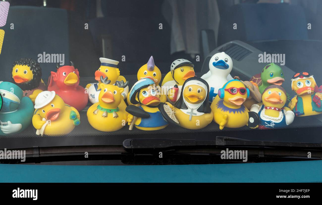 Wohnmobil, Windschutzscheibe, Gummienten, lustige Sammlung Stockfoto