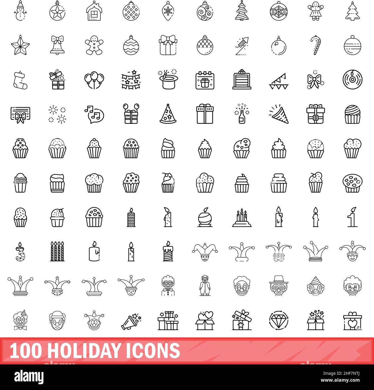 100 Urlaubssymbole eingestellt. Skizzieren Sie die Darstellung von 100 Urlaubssymbolen, die auf weißem Hintergrund isoliert sind Stock Vektor