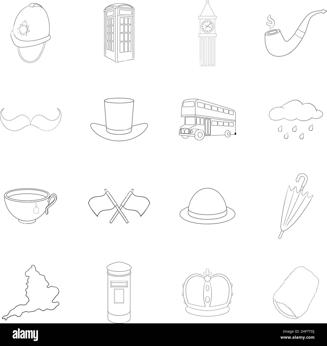 Vereinigtes Königreich Reise-Set Symbole in Umriss-Stil isoliert auf weißem Hintergrund Stock Vektor