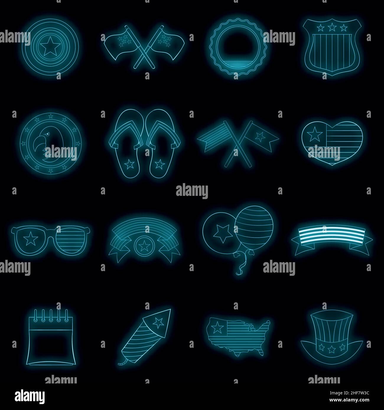 Symbole für Unabhängigkeitstag eingestellt. Illustration von 16 Unabhängigkeitstag Vektor-Symbole Neonfarbe auf schwarz Stock Vektor