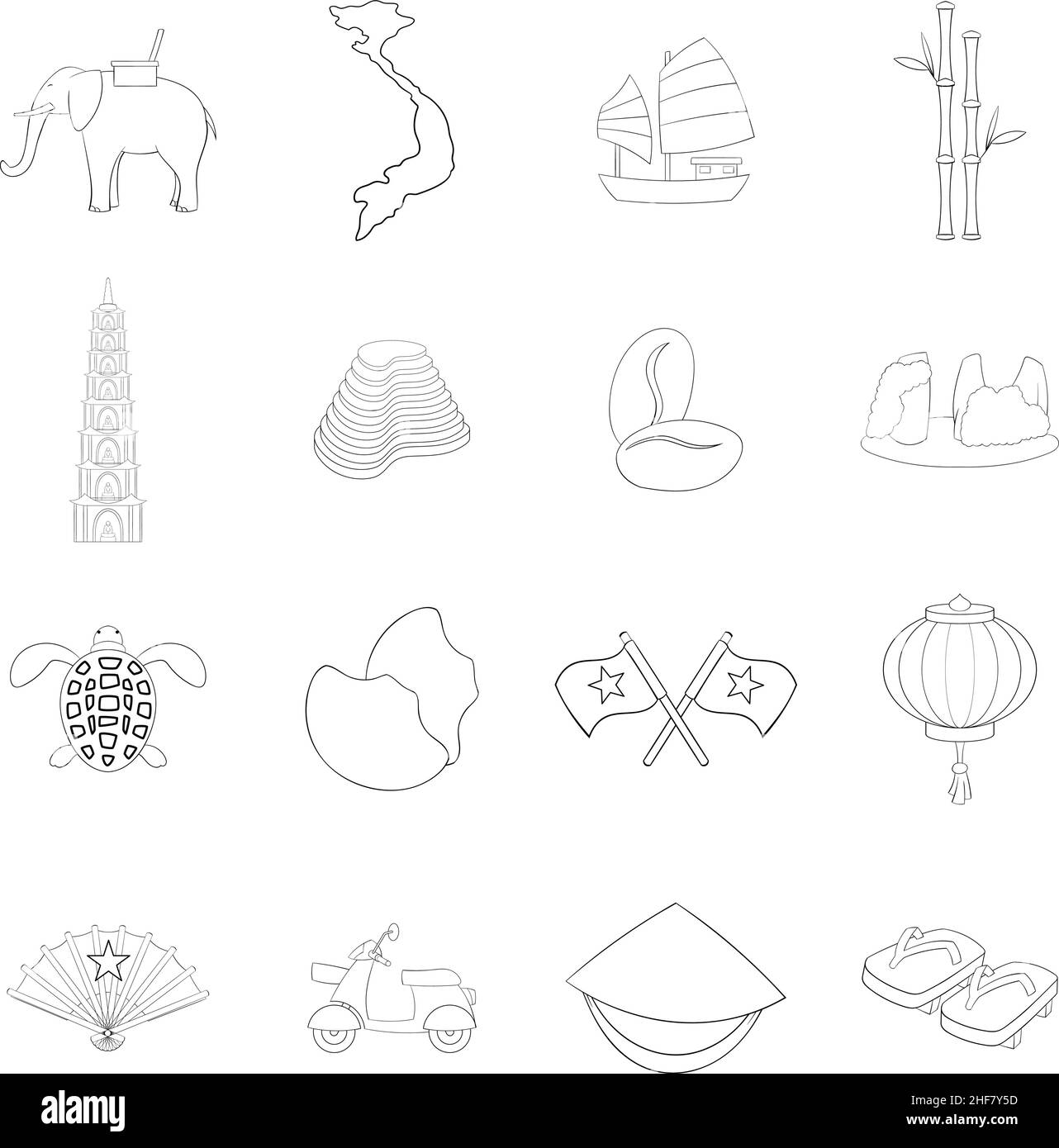 Vietnam Reise-Set Symbole in Umriss-Stil isoliert auf weißem Hintergrund Stock Vektor