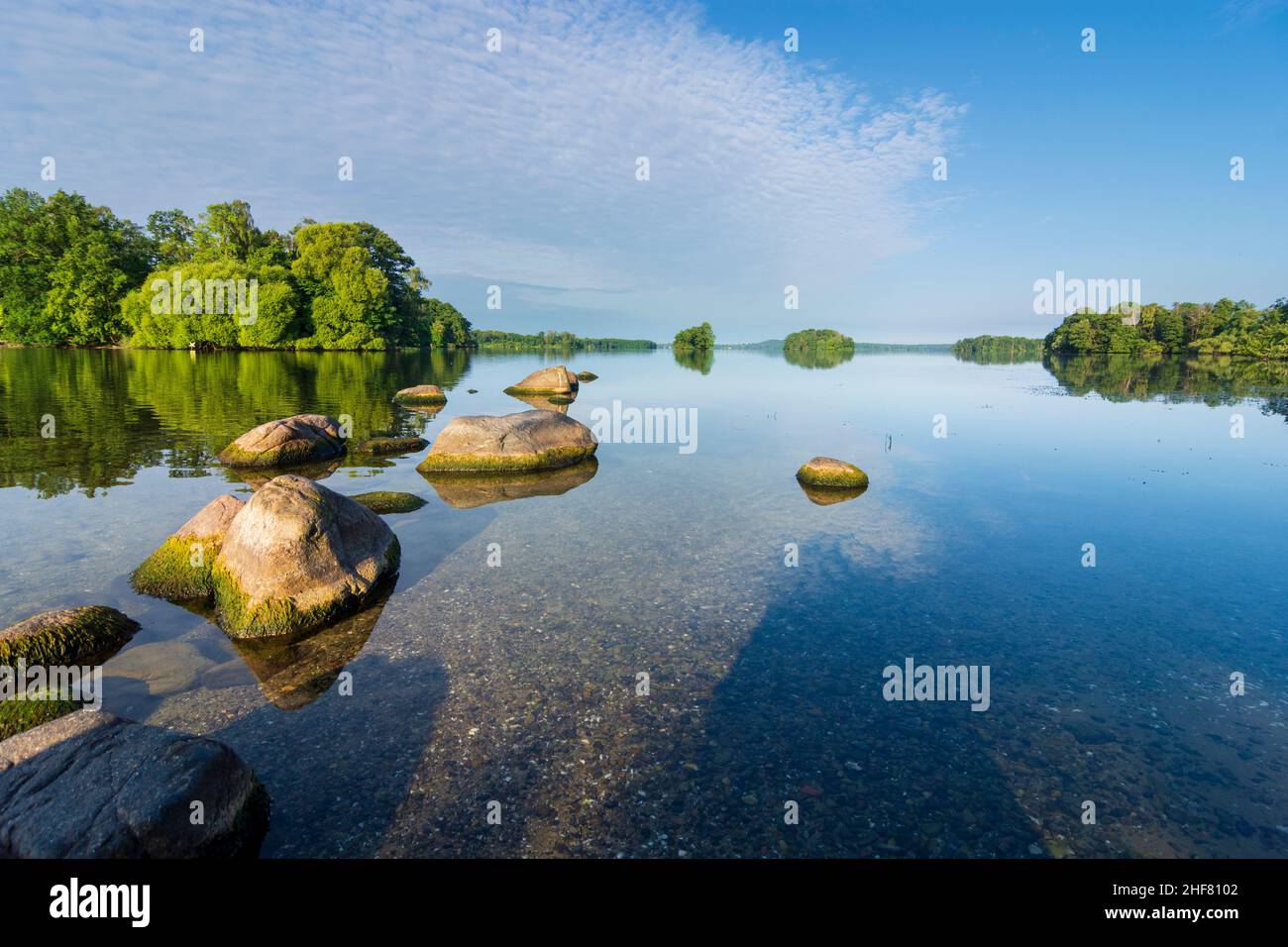 Plön, großer Plöner See, Blick vom Lieblingsplatz der Kaiserin auf die Prinzeninsel in der Holsteinischen Schweiz, Holsteinische Schweiz, Schleswig-Holstein, Deutschland Stockfoto