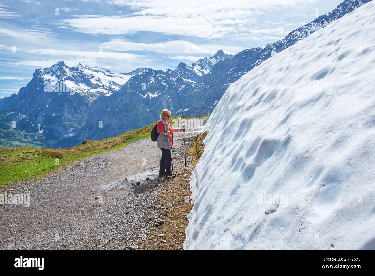 Schneereste auf dem Wanderweg zur Kleinen Scheidegg mit Wetterhorn 3692m, Grindelwald, Berner Alpen, Berner Oberland, Kanton Bern, Schweiz Stockfoto