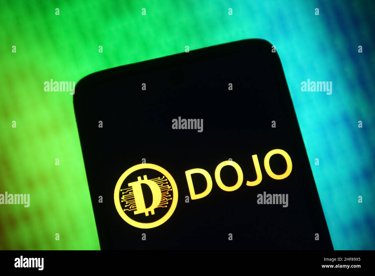 Ukraine. 14th Januar 2022. In dieser Abbildung ist ein DOJO (Dojocoin)-Zeichen auf einem Smartphone-Bildschirm zu sehen. (Foto von Pavlo Gonchar/SOPA Images/Sipa USA) Quelle: SIPA USA/Alamy Live News Stockfoto