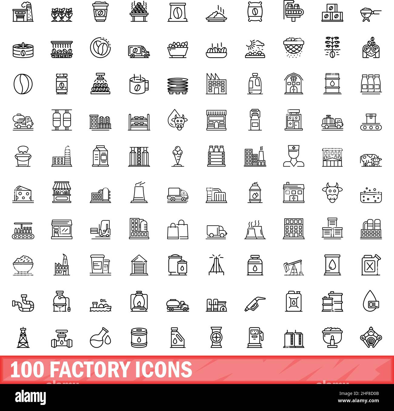 100 werkseitige Symbole eingestellt. Skizzieren Sie die Darstellung von 100 werksseitigen Symbolen, die auf weißem Hintergrund isoliert eingestellt sind Stock Vektor