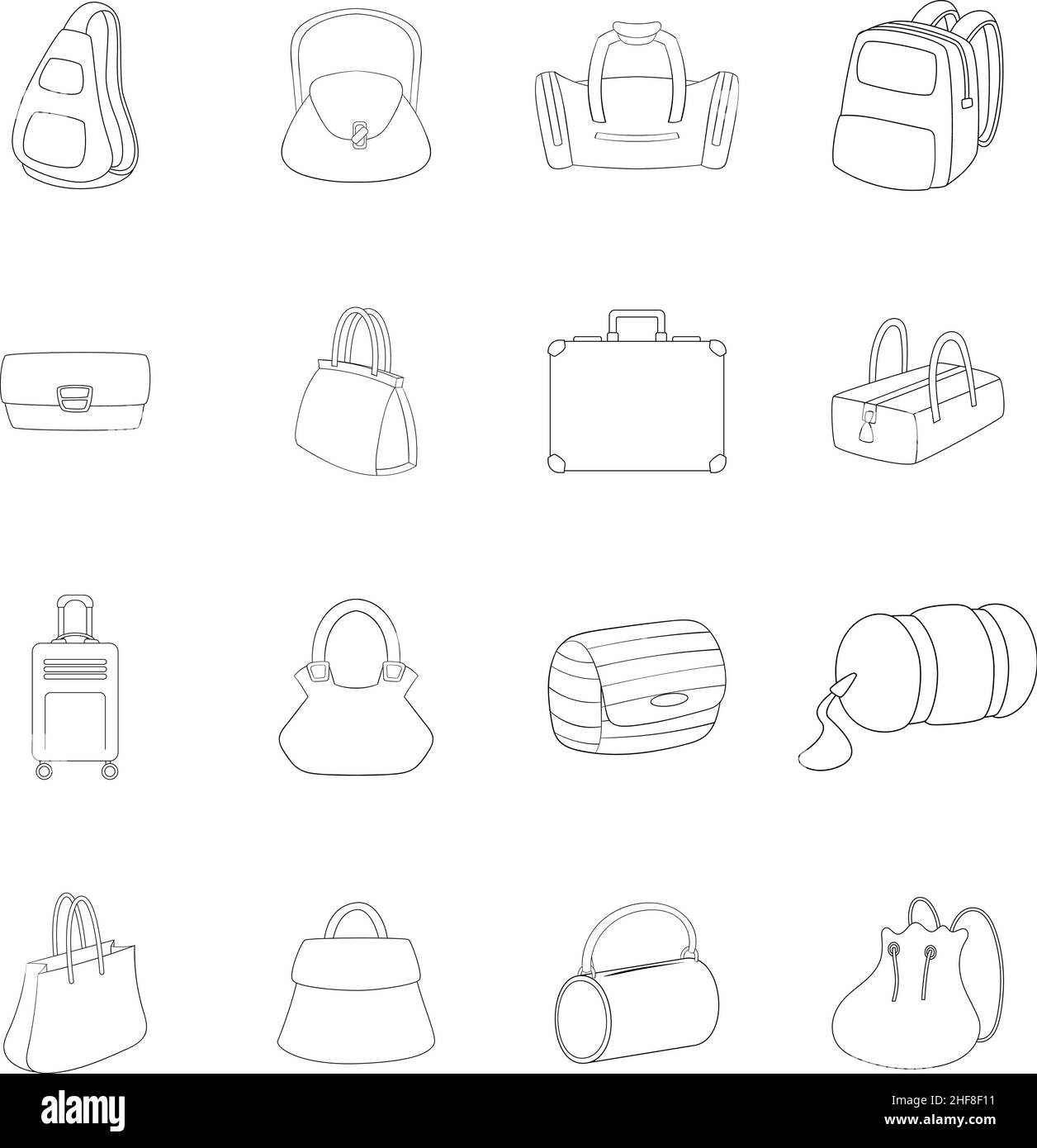 Verschiedene Symbole für Beutelsatz in Umrissform, isoliert auf weißem Hintergrund Stock Vektor