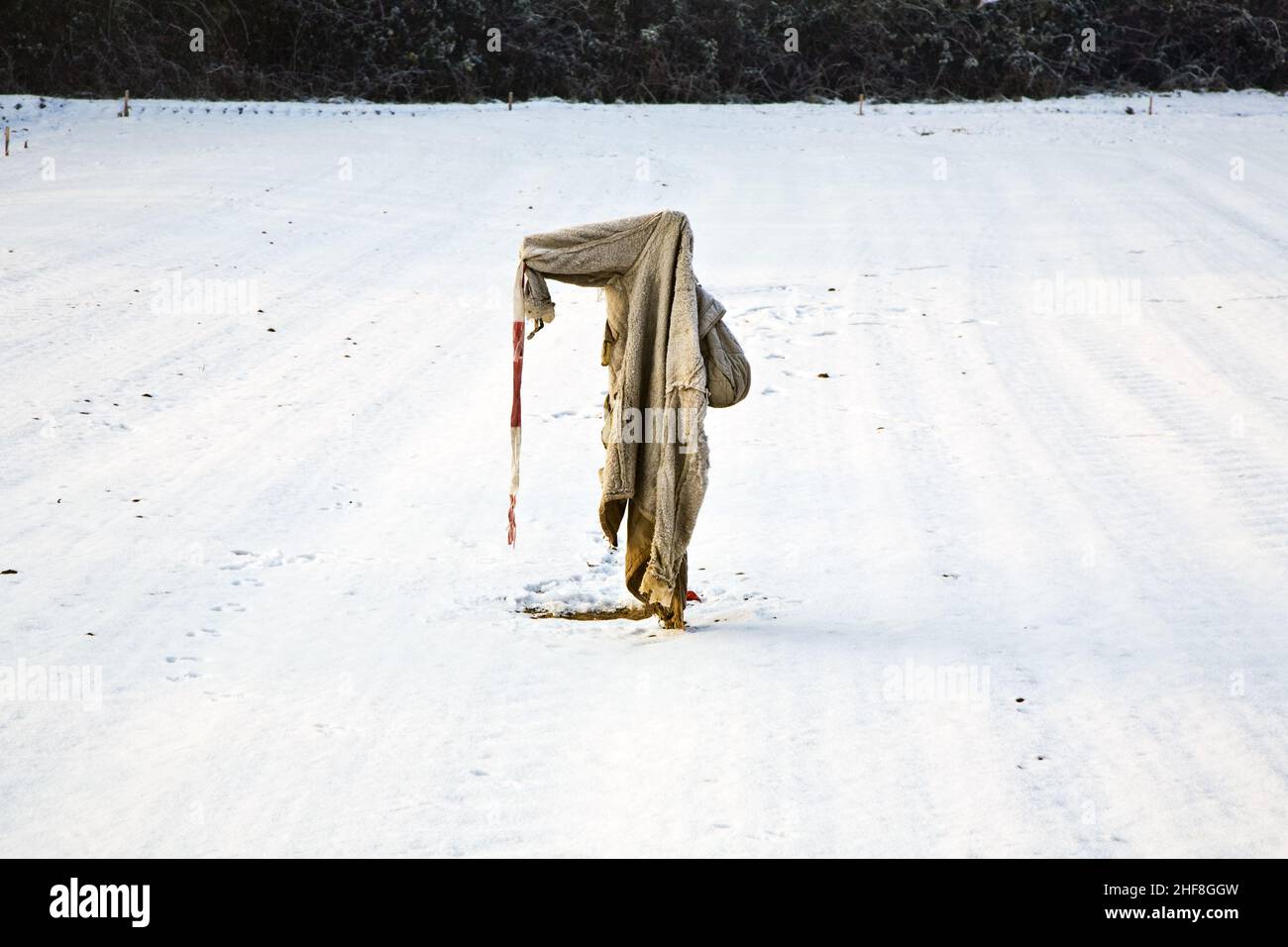 Traurige, zerlumpte und eiskalte Vogelscheuche im Winter auf dem Schneefeld Stockfoto