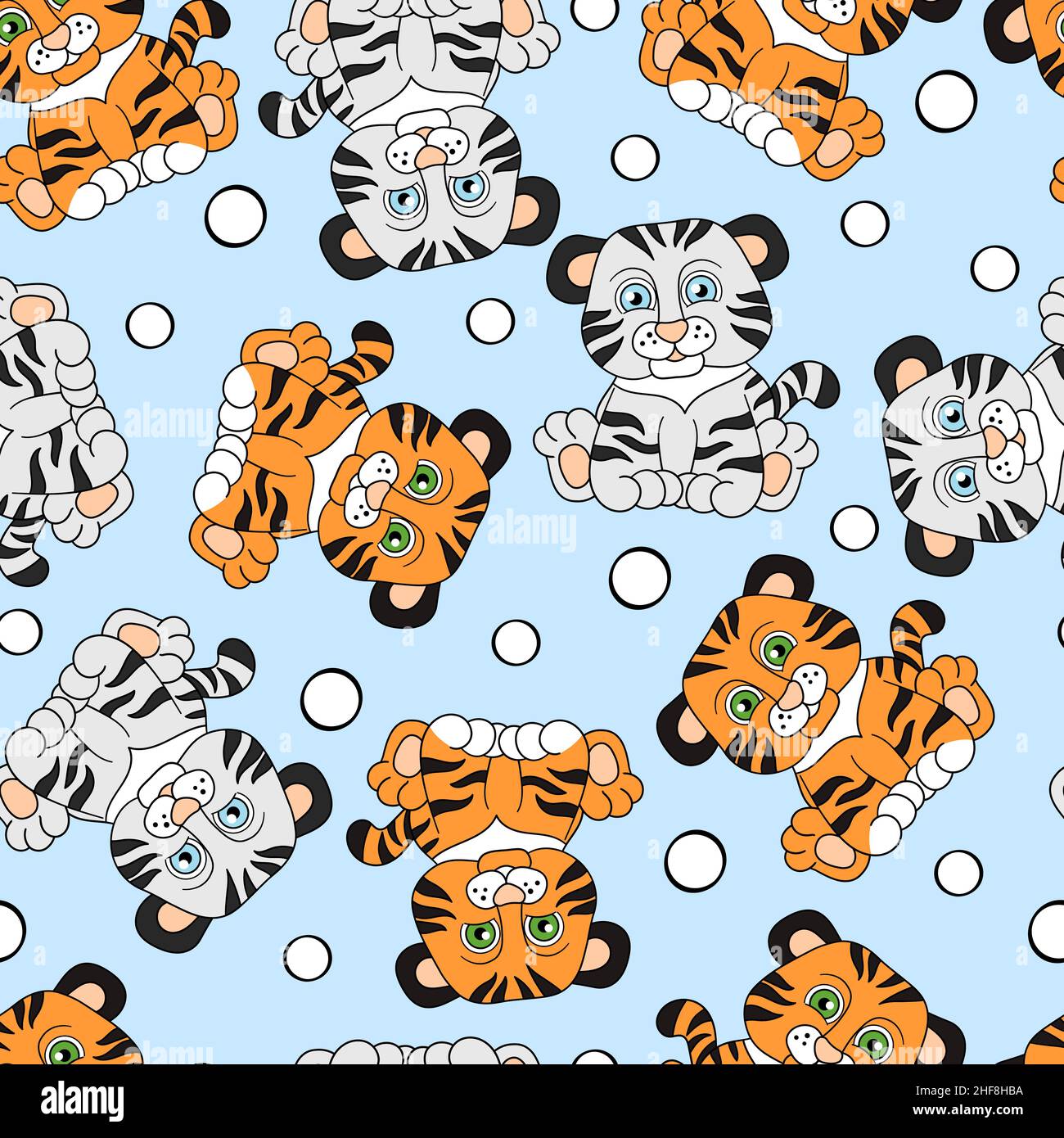 Vektor nahtloses Muster mit niedlichen Tigern auf blauem Hintergrund, für Verpackungsdesign, Abdeckungen, Textildruck Stock Vektor