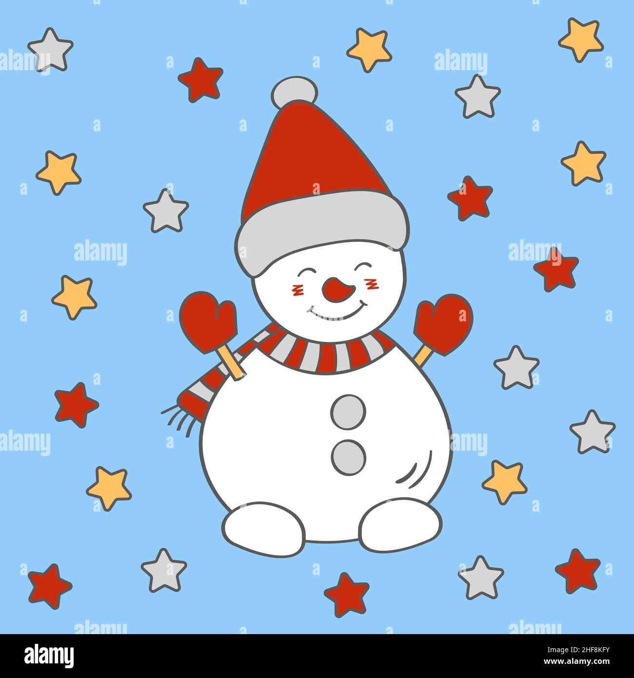 Nette lustige Weihnachten Schneemann in einem Winterhut, Vektor-Illustration Stock Vektor