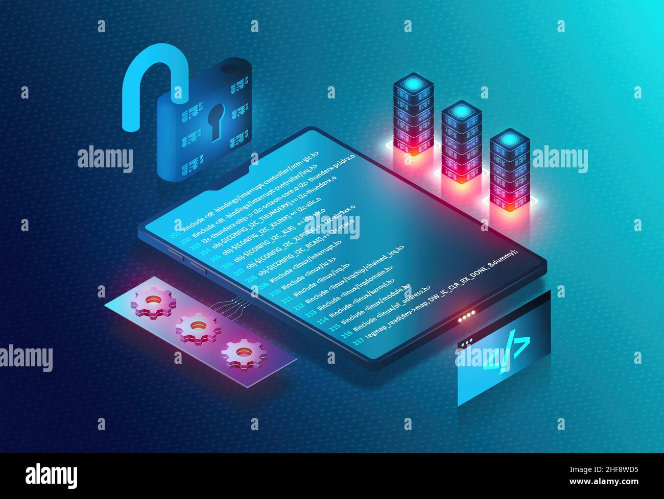 Open-Source-Software - Freie und Open-Source-Software - OSS - FOSS - Open-Source-Software auf elektronischem Gerät - konzeptionelle Illustration Stockfoto