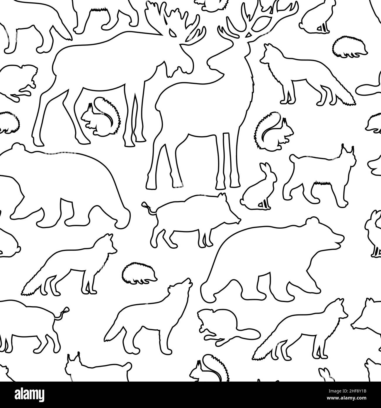 Vektor nahtlose Muster mit Kontur von Waldtieren, Malseite für Kinder und Erwachsene Stock Vektor