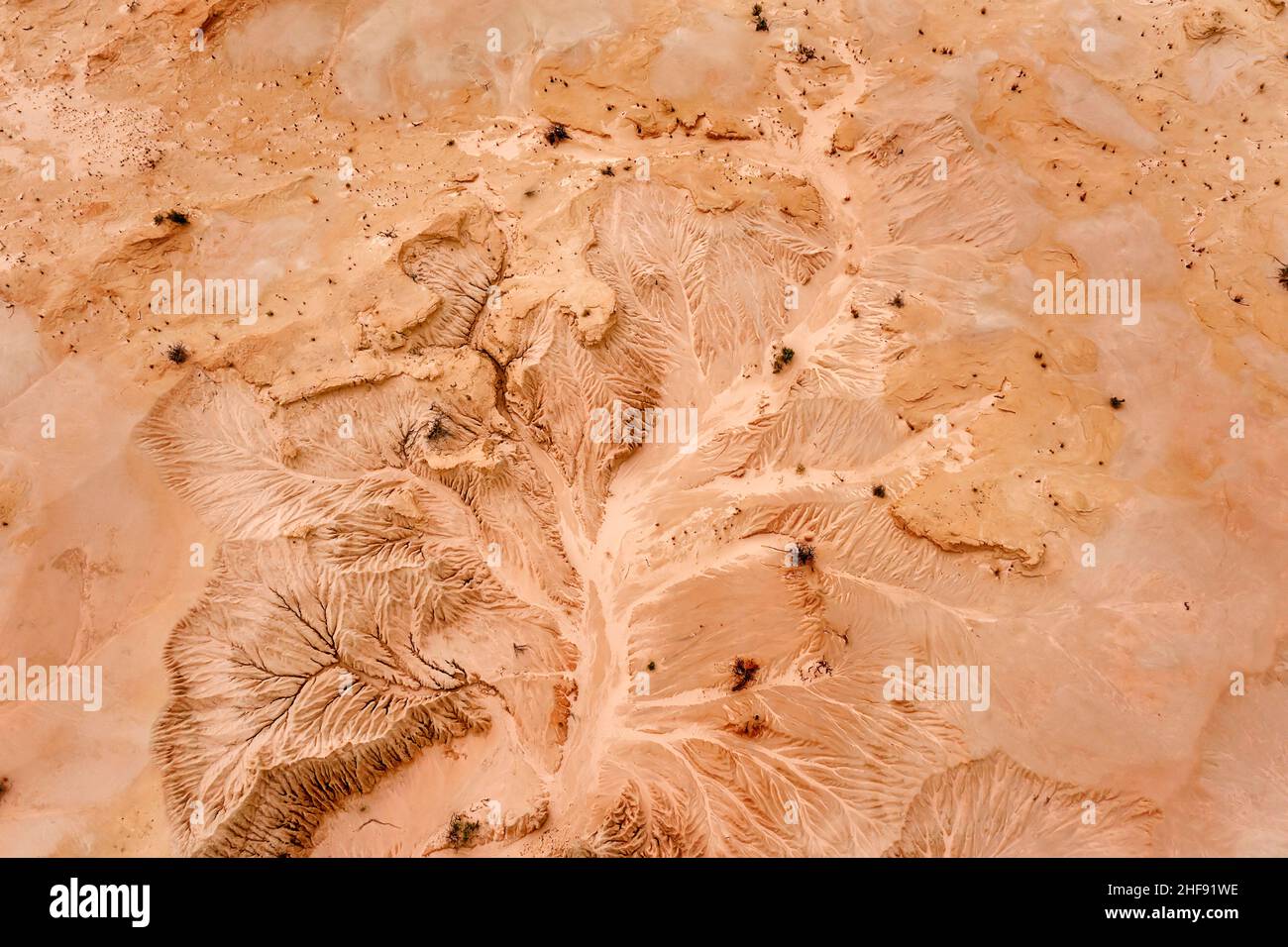 Luftaufnahme von oben auf die trockene, trockene Wüste des Lake Mundo mit erodierten Formen von Ton- und Sandsteinformationen. Stockfoto