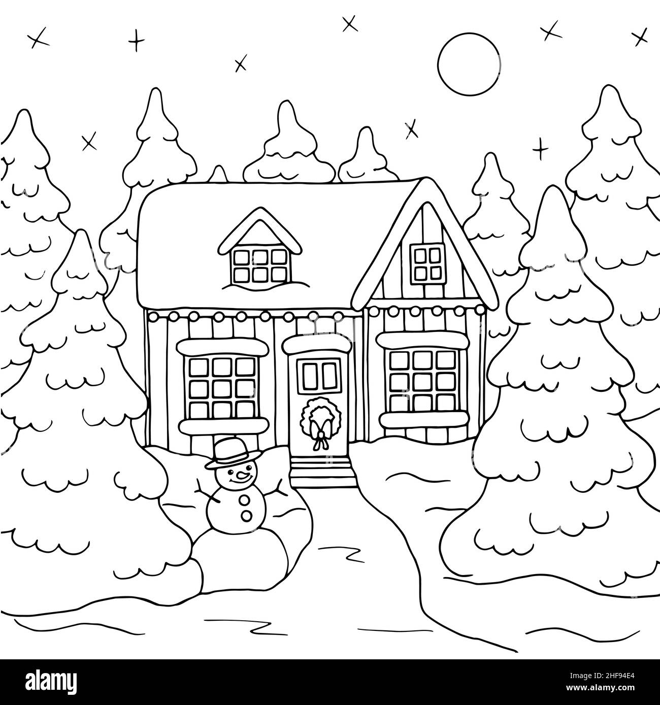 Weihnachtshaus im Winterwald, Tannen und ein Schneemann, Malseite. Vektorgrafik Stock Vektor