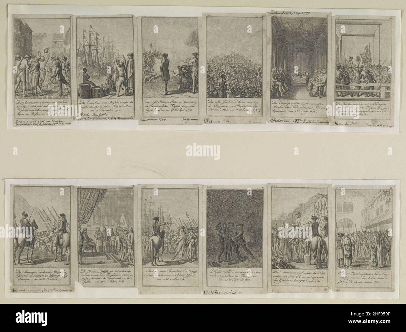 Szenen aus Ereignissen und Schlachten vor und während der amerikanischen Revolution, 1775-1783, wie in 12 Abbildungen dargestellt) - D. Chodowiecki del. Et sculp Stockfoto