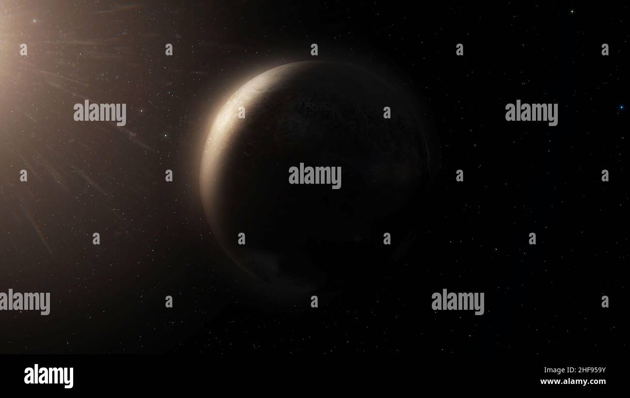 Schöner Planet dreht sich auf dem Hintergrund des Nachthimmels. Planet Mit Nebel Im Weltraum. Planetenrotation im tiefen Sternenraum mit einem Nebel im Hintergrund Stockfoto