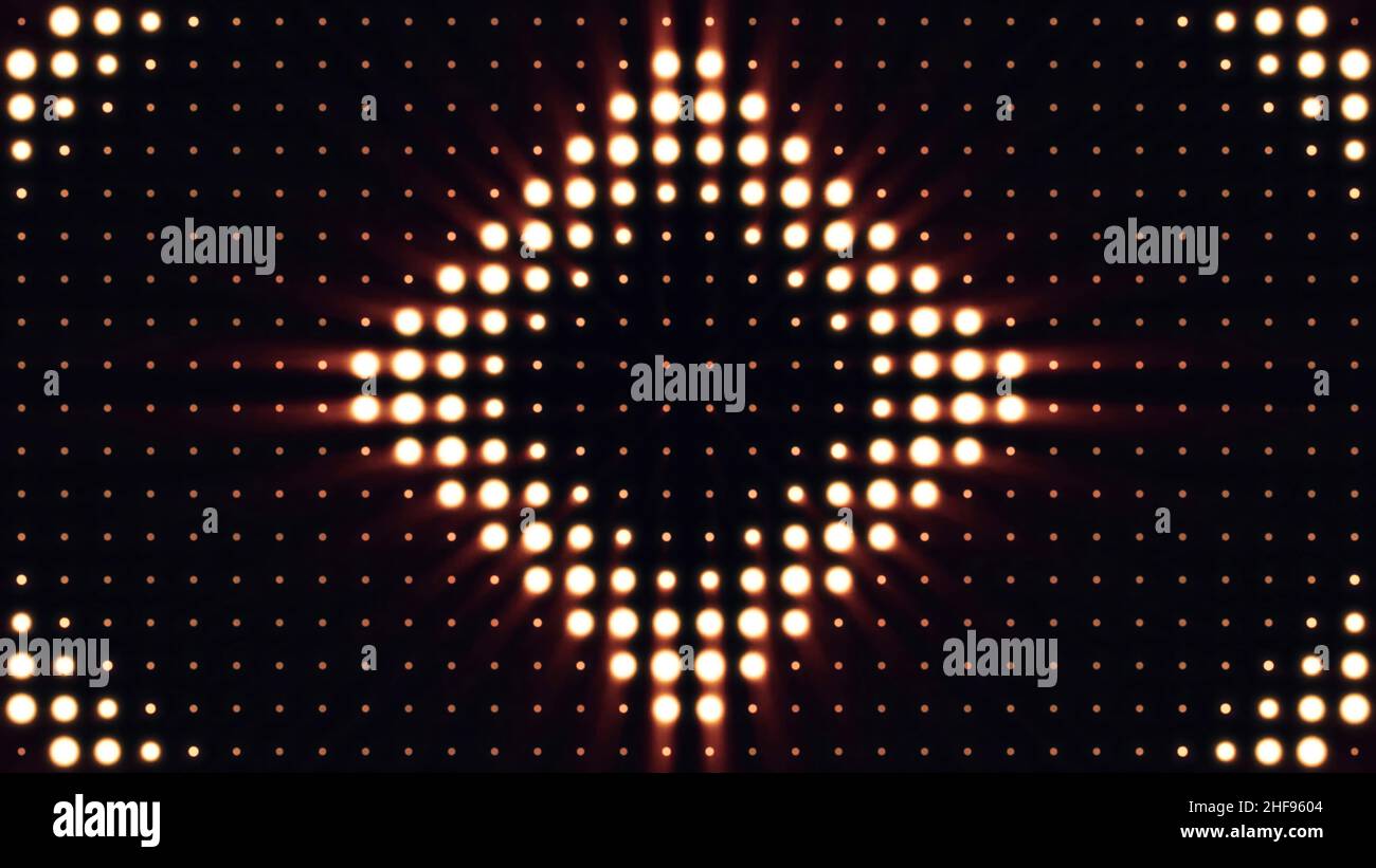 Ultra Music Festival Hintergrund. Helle Flutlichter, die sich in verschiedenen Formen ein- und ausschalten. Schleife für mehrfarbige Glühlampen. Flutlichter Blitz Lig Stockfoto