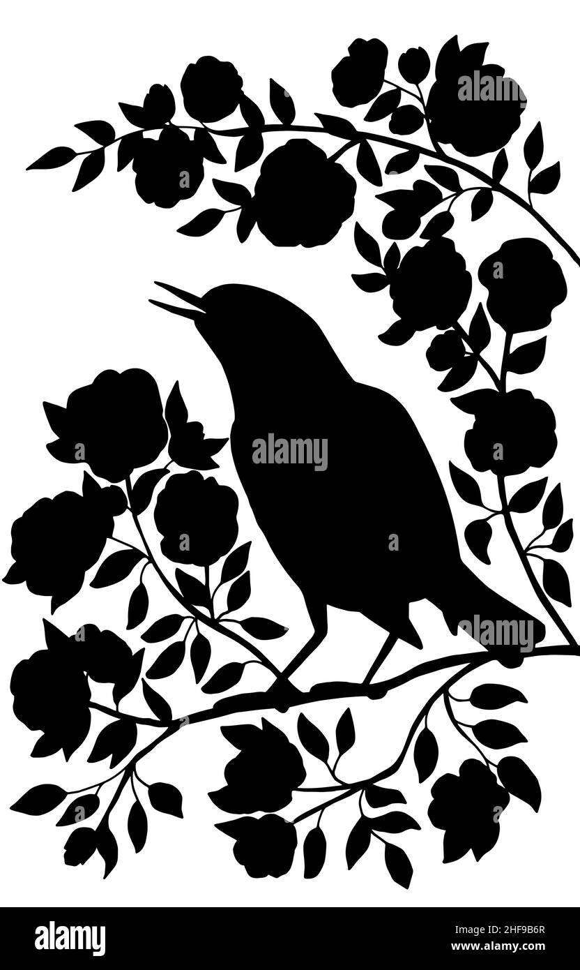 Vertikales Bild mit einer schwarzen Silhouette eines Vogels auf einem Ast mit abstrakten Blumen auf weißem Hintergrund Stock Vektor