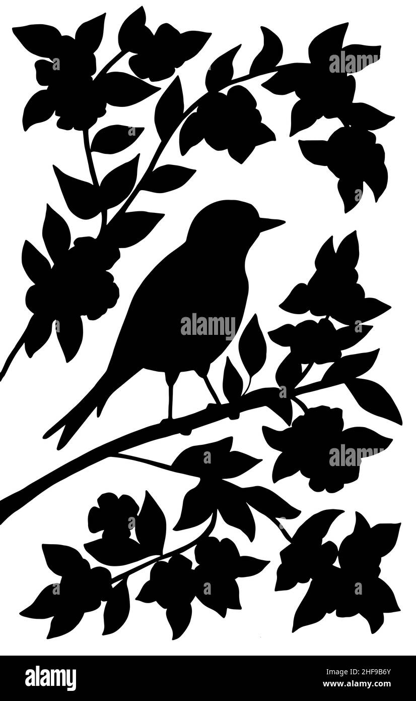 Vertikales Bild mit einer schwarzen Silhouette eines Vogels auf einem Ast mit abstrakten Blumen auf weißem Hintergrund Stock Vektor