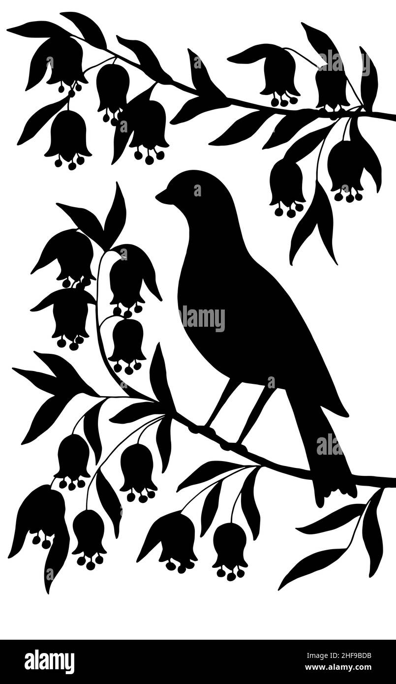 Vertikales Bild mit einer schwarzen Silhouette eines Vogels auf einem Ast mit abstrakten Blumen auf weißem Hintergrund Stock Vektor