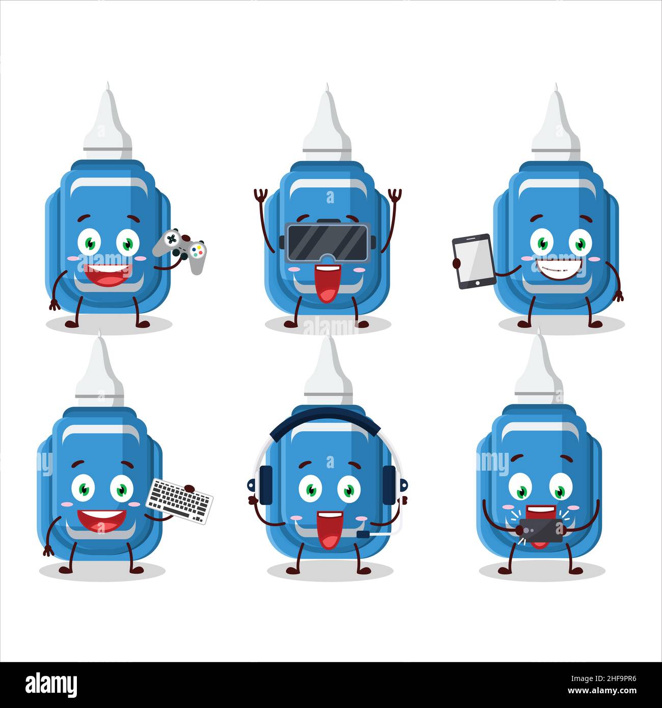Blaue Korrektur Stift Cartoon-Figur spielen Spiele mit verschiedenen niedlichen Emoticons. Vektorgrafik Stock Vektor