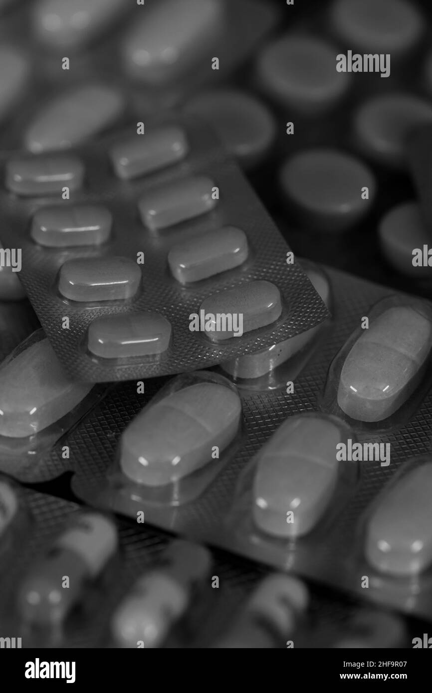Nahaufnahme von verschiedenen Arten von allopathischen Medikamenten angezeigt Stockfoto