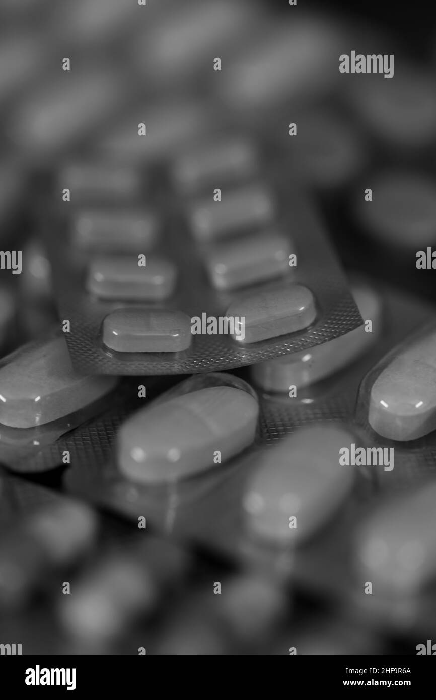 Nahaufnahme von verschiedenen Arten von allopathischen Medikamenten angezeigt Stockfoto